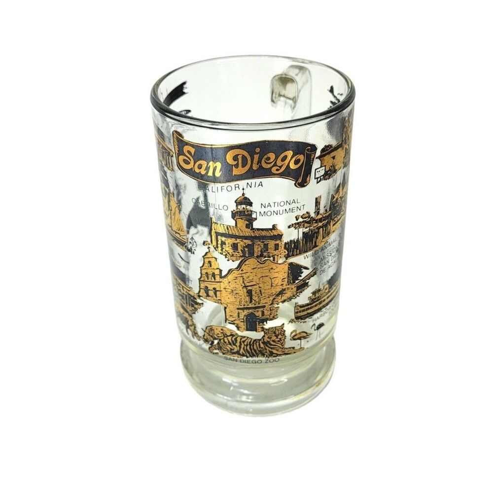 Vintage SAN DIEGO MCM Black 22 Kt Gold Souvenir Heavy Bottom Glass Beer Mug
